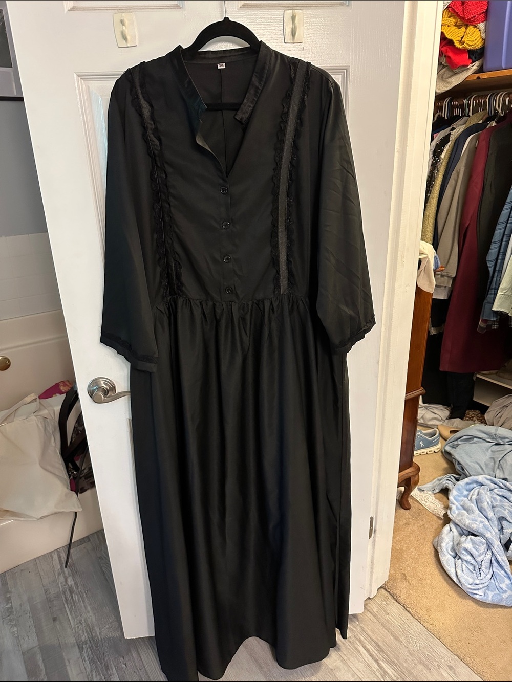 Black Long Sleeve Button-Front Maxi Dress